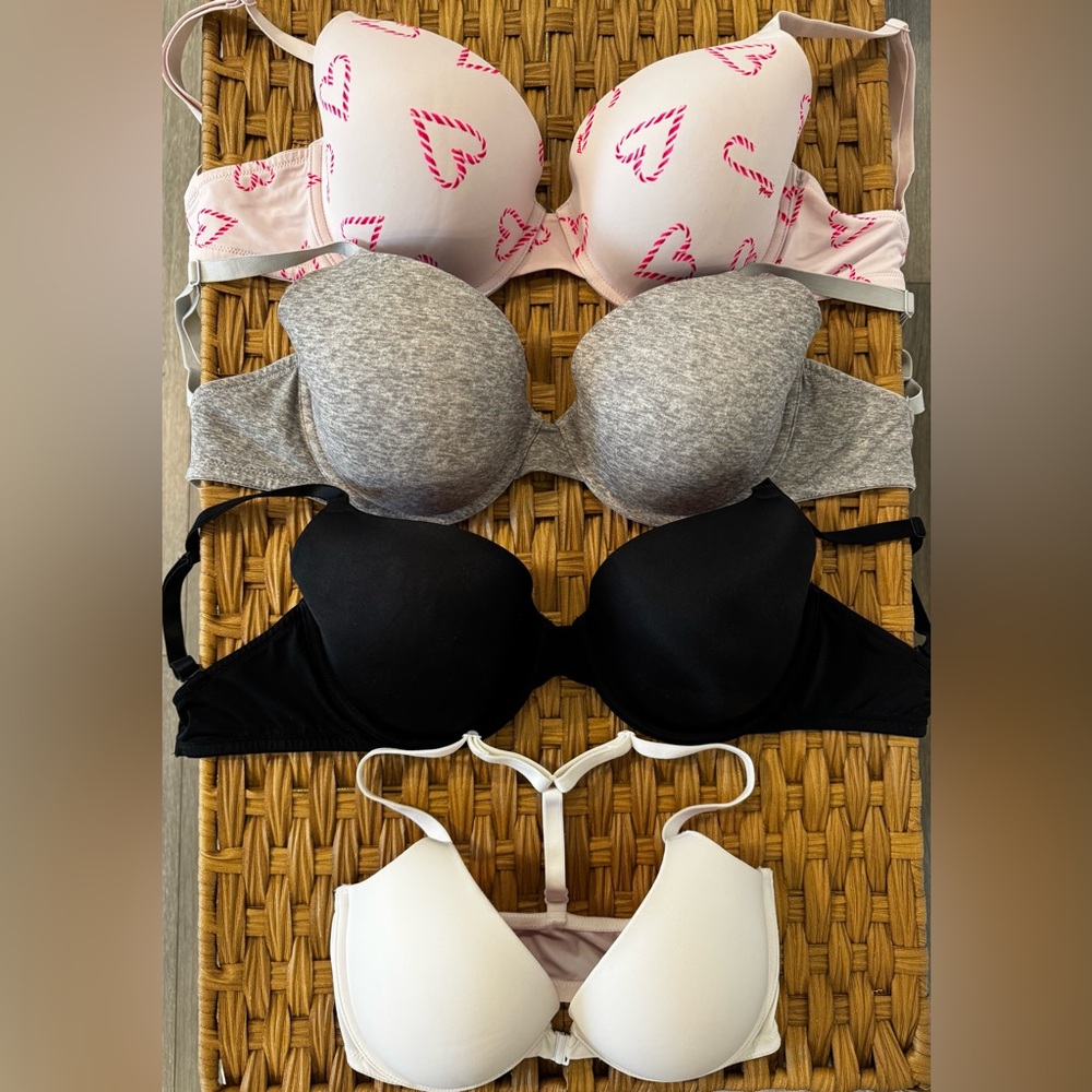 *Four!* Victoria’s Secret “ 32DD Bras - White, Black, Gray, Pink Heart Print